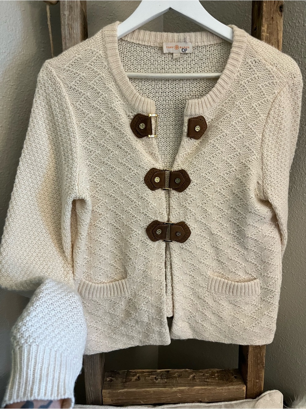 Tory Burch Cream Knit Cardigan with Brown Toggle Details